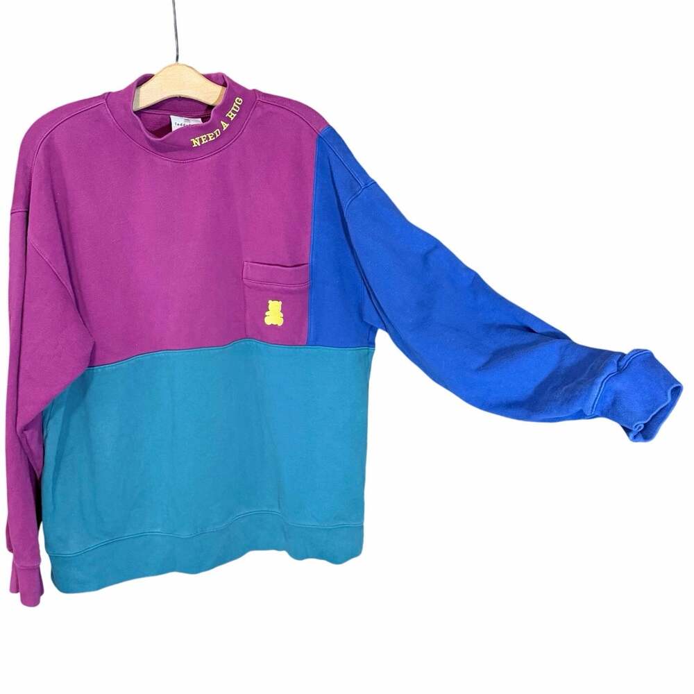 VTG Teddy Fresh Colorblock Sweatshirt Large Purple Blue Teal Need a Hug Collar